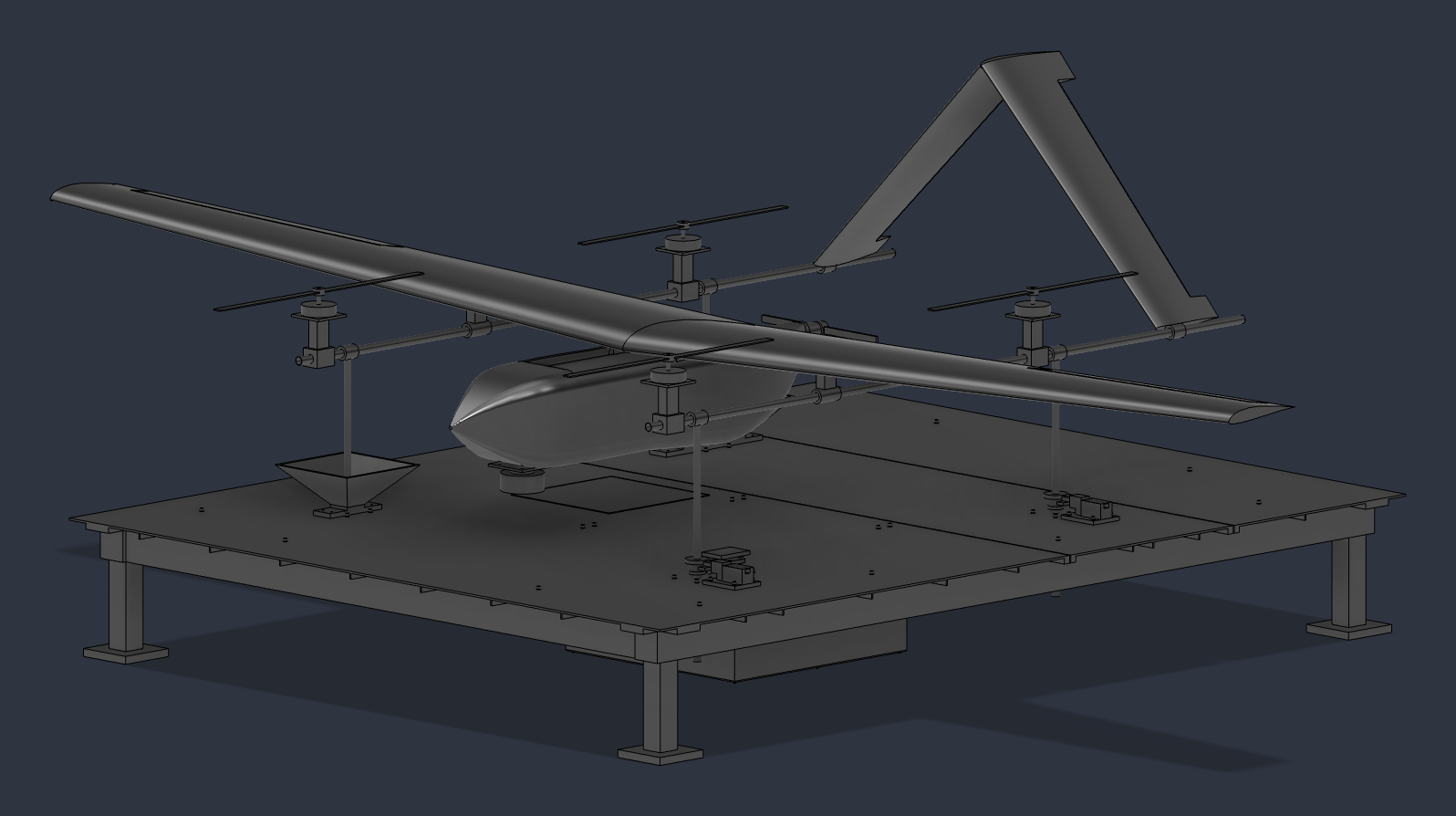 SQ-15 concept CAD showing a fixed-wing aircraft with four vertical lift rotors, displayed on its dock